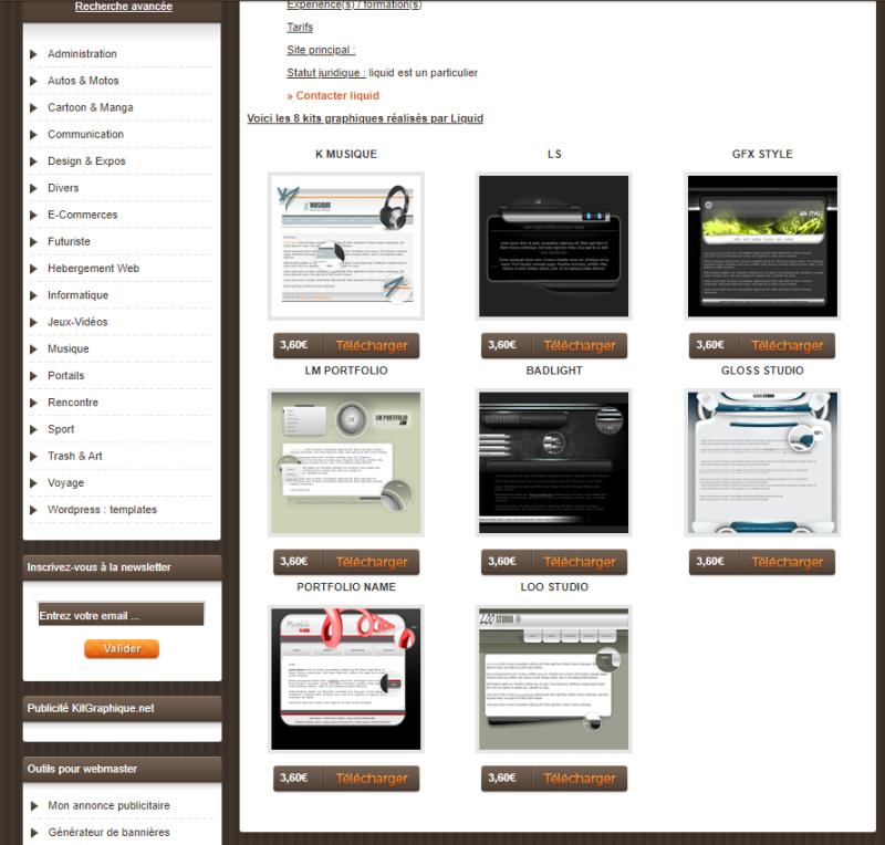 Capture des huit templates créés sous le pseudo Liquid sur Kitgraphique.net